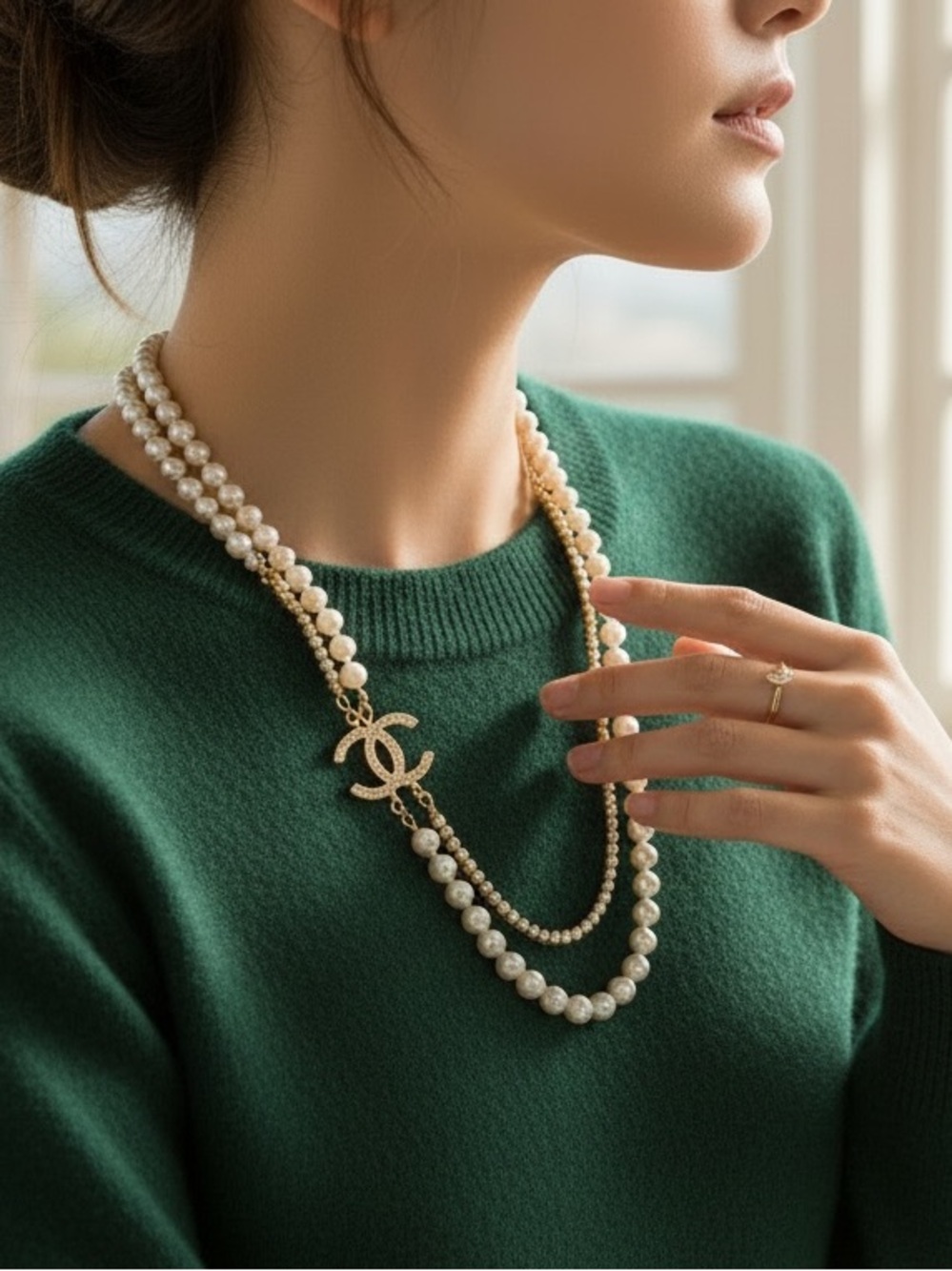 Fashion Jewelry Pearl Double Strand Necklace Gold-Tone Logo crystals Charm new